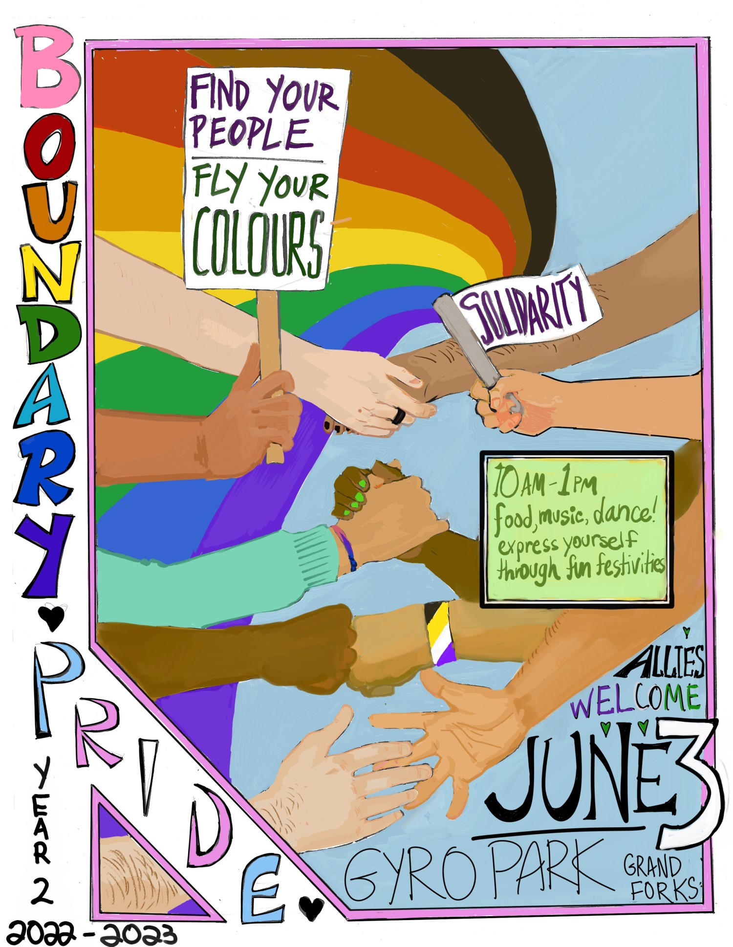 Poster for 2022-2023 Boundary Pride. Find your people, fly your colours. Allies welcome. Food, music, and dance. Express yourself through fun activities.
