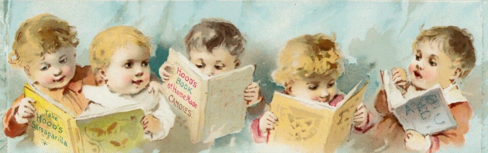 old fashioned drawing of little kids reading